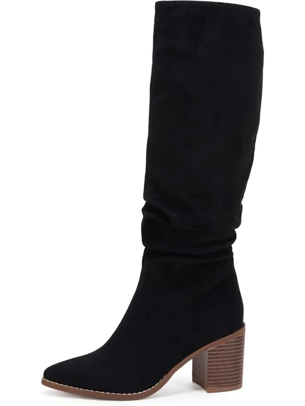 Women's Black Pointed Toe Mid Chunky Heel Side Zipper Over The Knee Boots